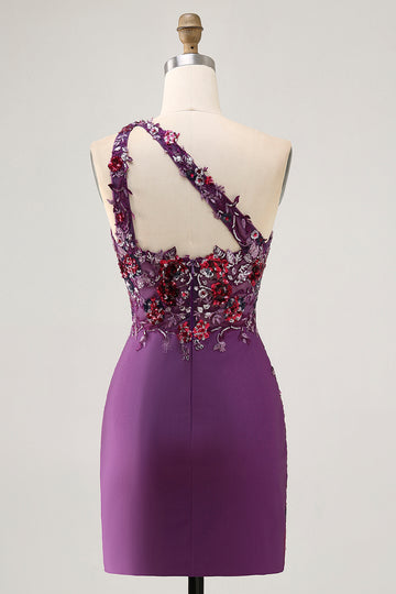 Dark Purple One Shoulder Sequins Bodycon Homecoming Dress with Slit